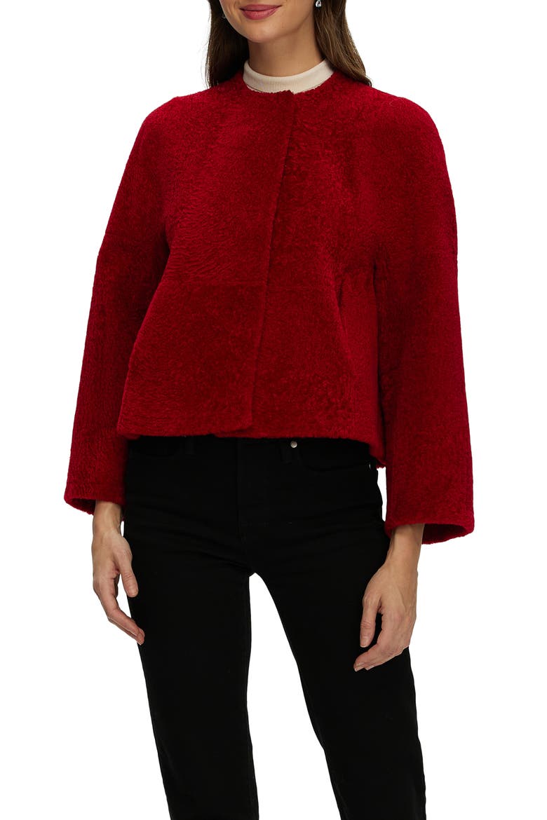 Genuine Shearling Jacket with 3/4 Sleeves and Reversible, Main, color, RED