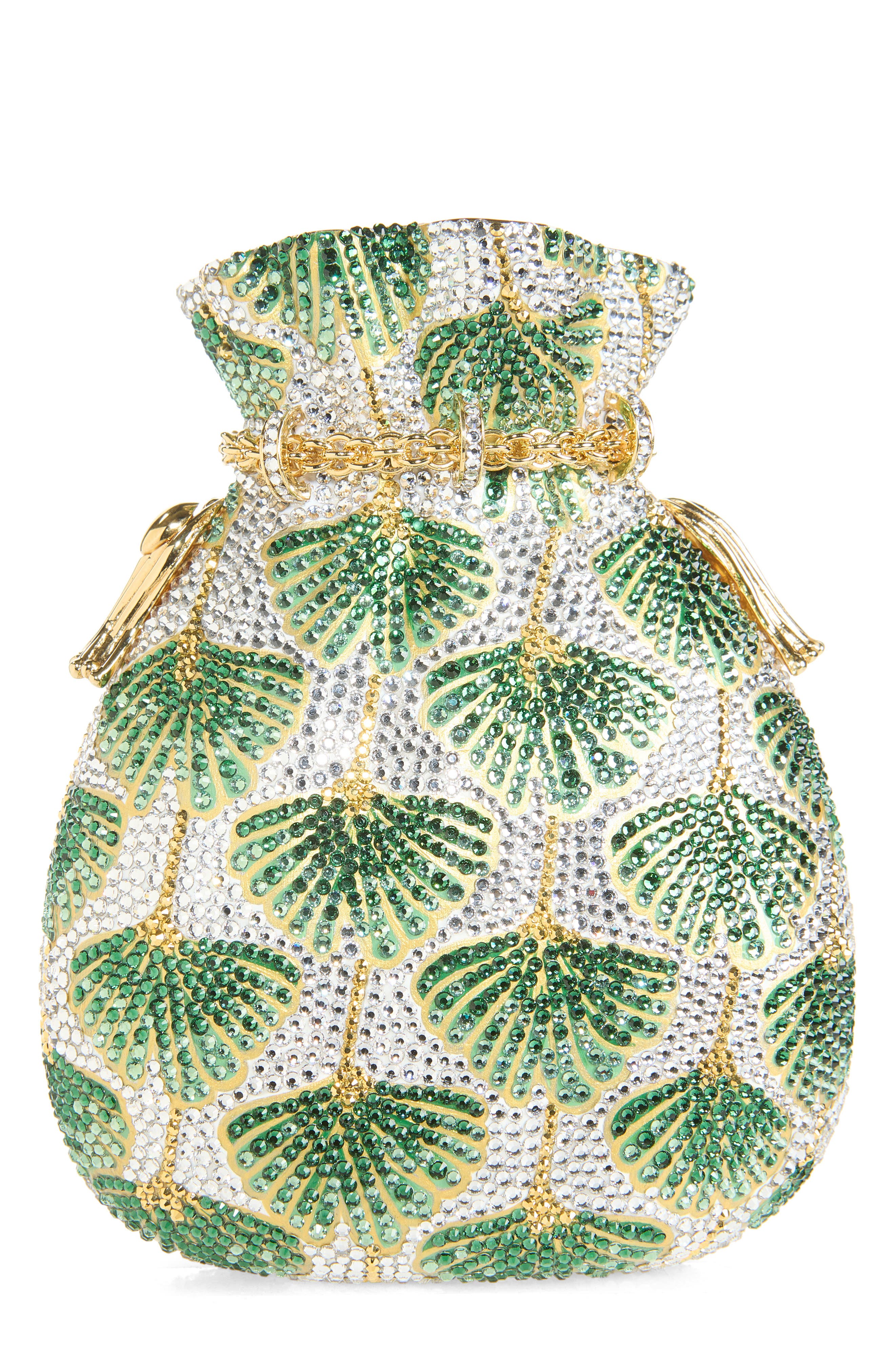 Ginkgo Crystal Embellished Pouch, Main, color, CHAMPAGNE LEAF GREEN MULTI