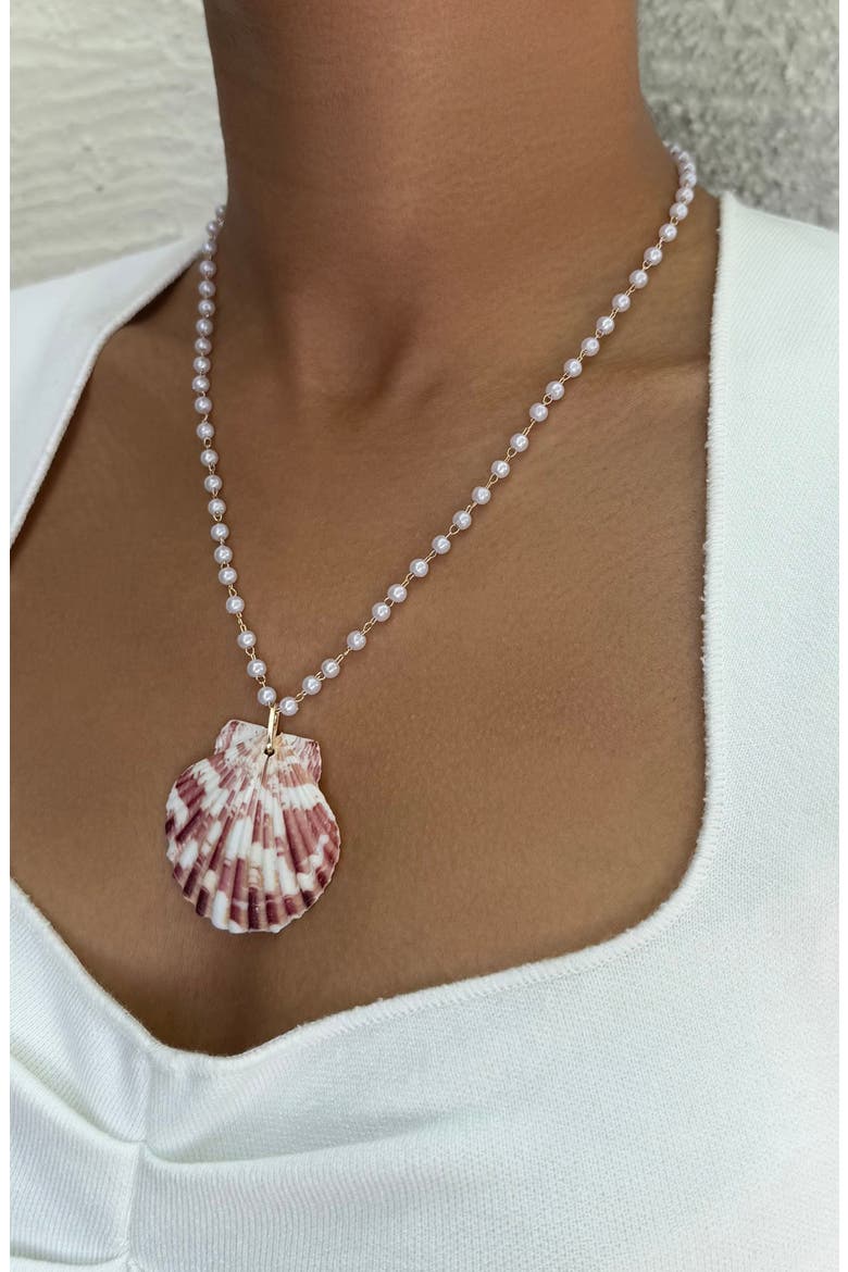 Faux Pearl Shell Pendant Necklace, Alternate, color, PINK