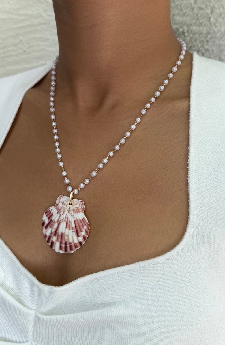 Adornia Faux Pearl Shell Pendant Necklace, Alternate, color, Pink