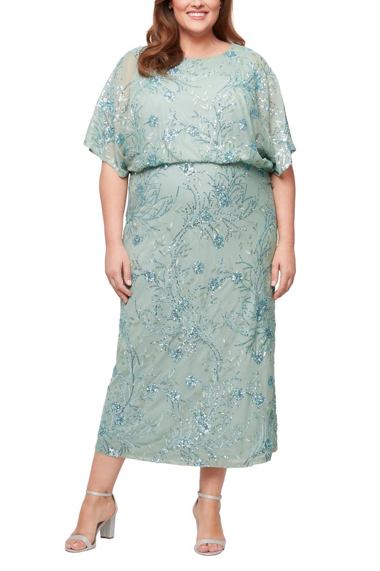 Sequin Blouson Midi Dress, Main, color, SAGE