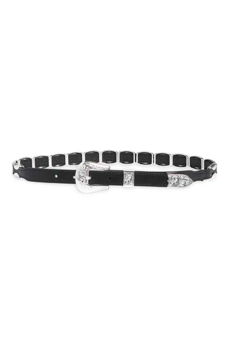 x Stetson The Western Hardware Leather Skinny Belt, Main, color, BLACK WITH SILVER