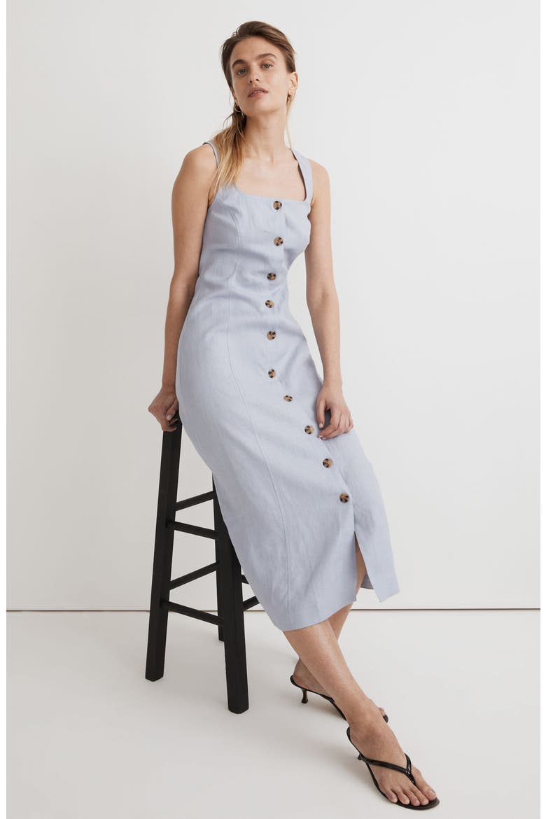 Button Front Linen Midi Dress, Alternate, color, DISTANT PERI