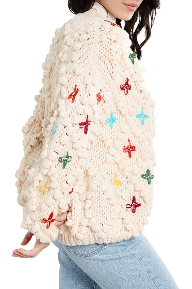 Cross Stitched Pompom Cardigan, Alternate, color, IVORY