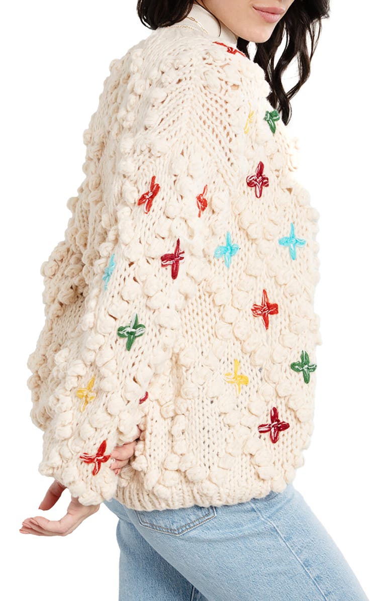 SAACHI Cross Stitched Pompom Cardigan, Alternate, color, Ivory