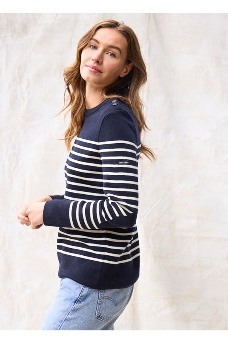 BREGANCON - Breton Striped Sweater with Jacquard Elbow Patch, Main, color, NAVY / IVORY