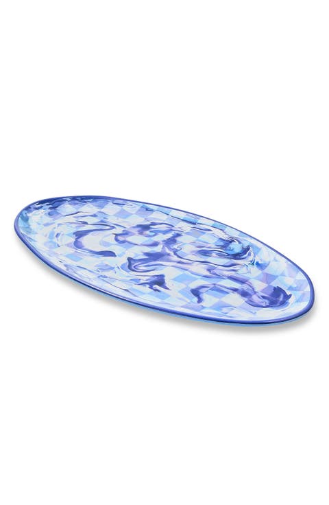 Blue Marble Check Oval Melamine Platter