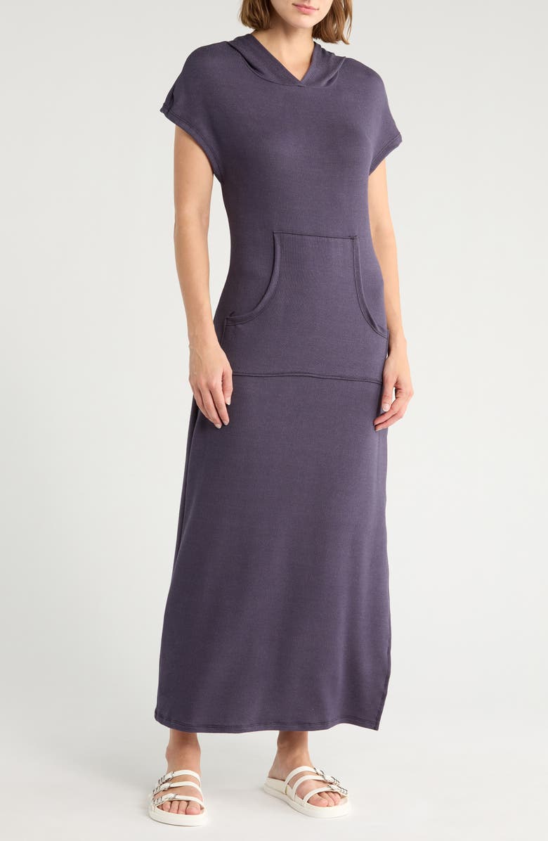 GO COUTURE Hooded Short Sleeve Maxi Dress, Main, color, Navy Rib