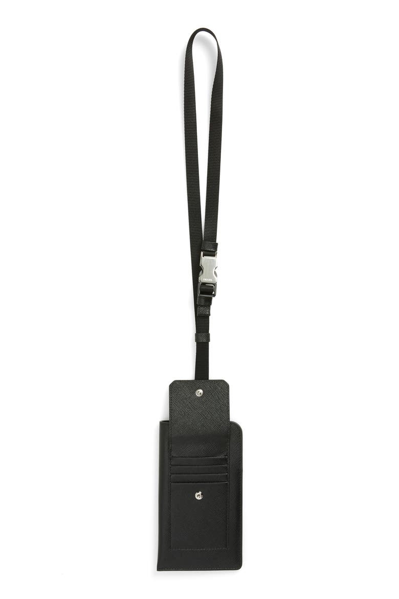 Saffiano Leather Lanyard Card Case, Alternate, color, BLACK