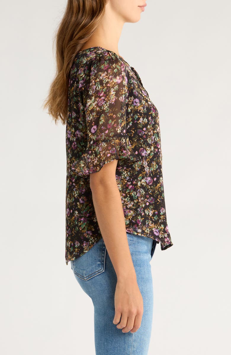 CeCe Floral Split Neck Top, Alternate, color, Rich Black