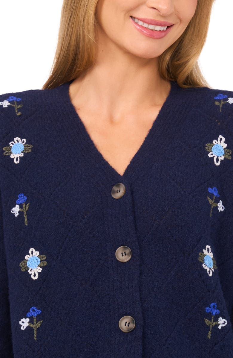 CeCe Floral Embroidered Pointelle Stitch Cardigan, Alternate, color, Classic Navy