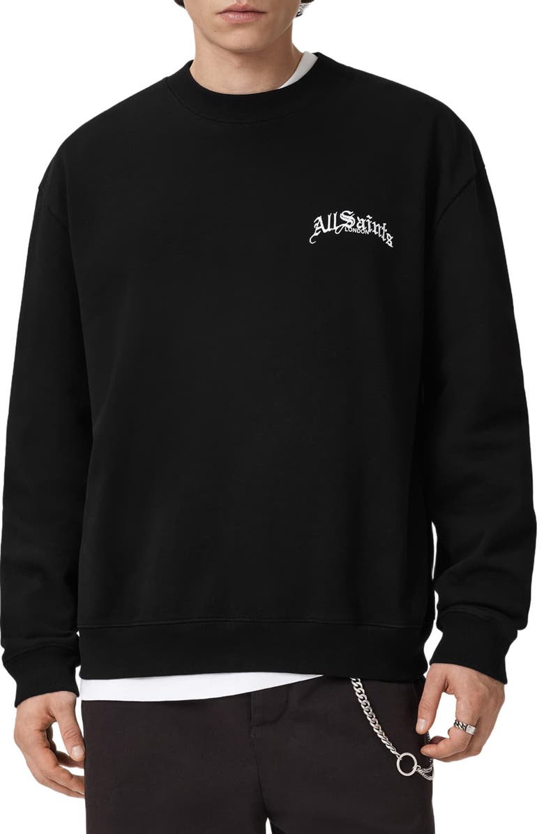 AllSaints Descent Oversize Embroidered Crewneck Sweatshirt, Main, color, Washed Black