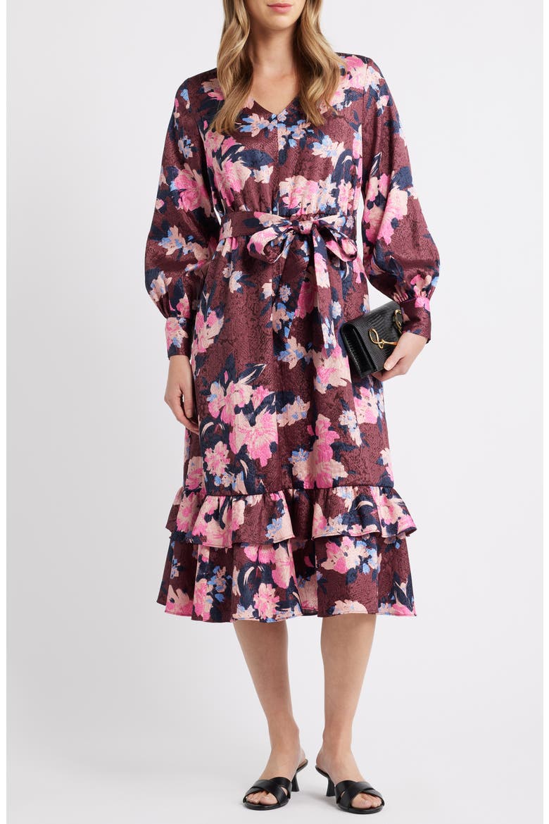 Ruffle Tie Waist Long Sleeve Midi Dress, Alternate, color, BURGUNDY- BLUE GEORGIA BLOOMS