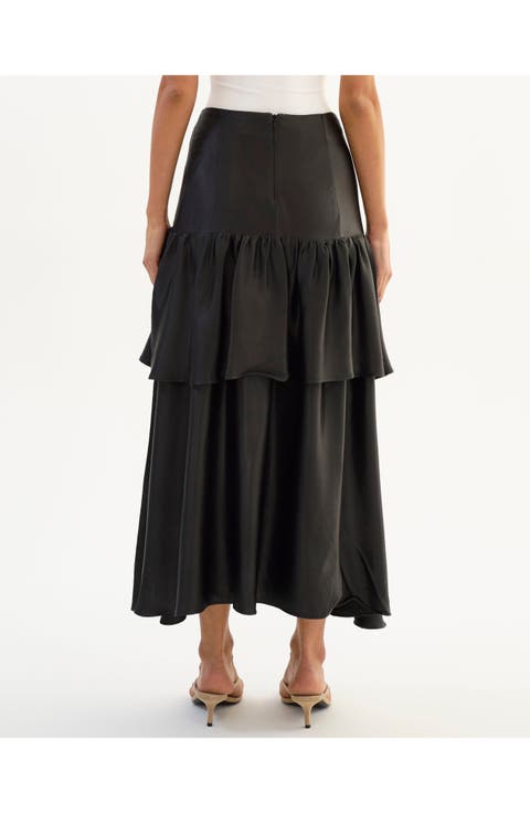 CHALINA | Ruffle Satin Midi Skirt