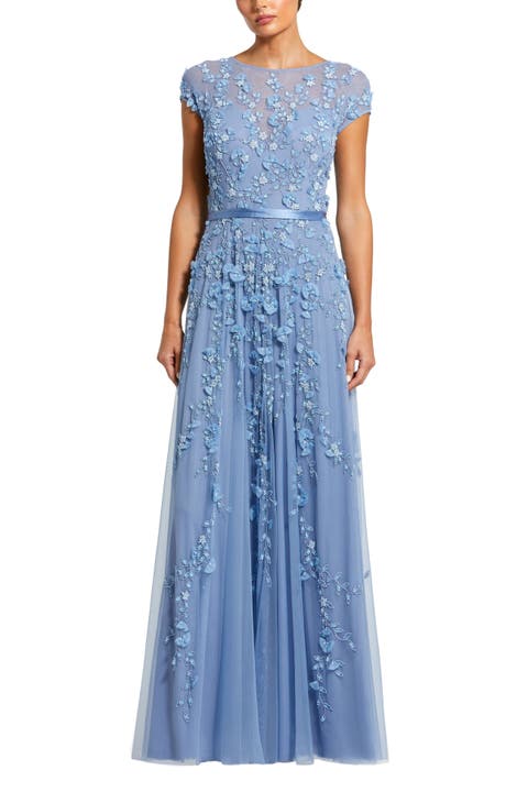 Floral Embellished Mesh Short Sleeve Gown