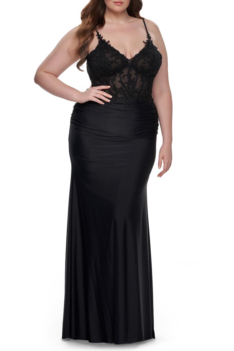 Long Plus Size Jersey Dress with Illusion Lace Bodice, Main, color, Black