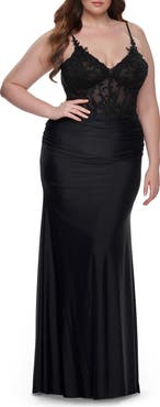 La Femme Long Plus Size Jersey Dress with Illusion Lace Bodice