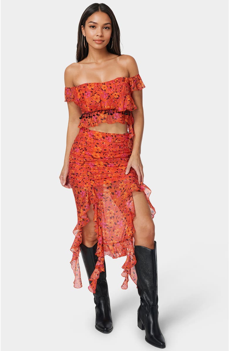 bebe Ruffle Fringe Top, Alternate, color, Vibrant Desert Flowers