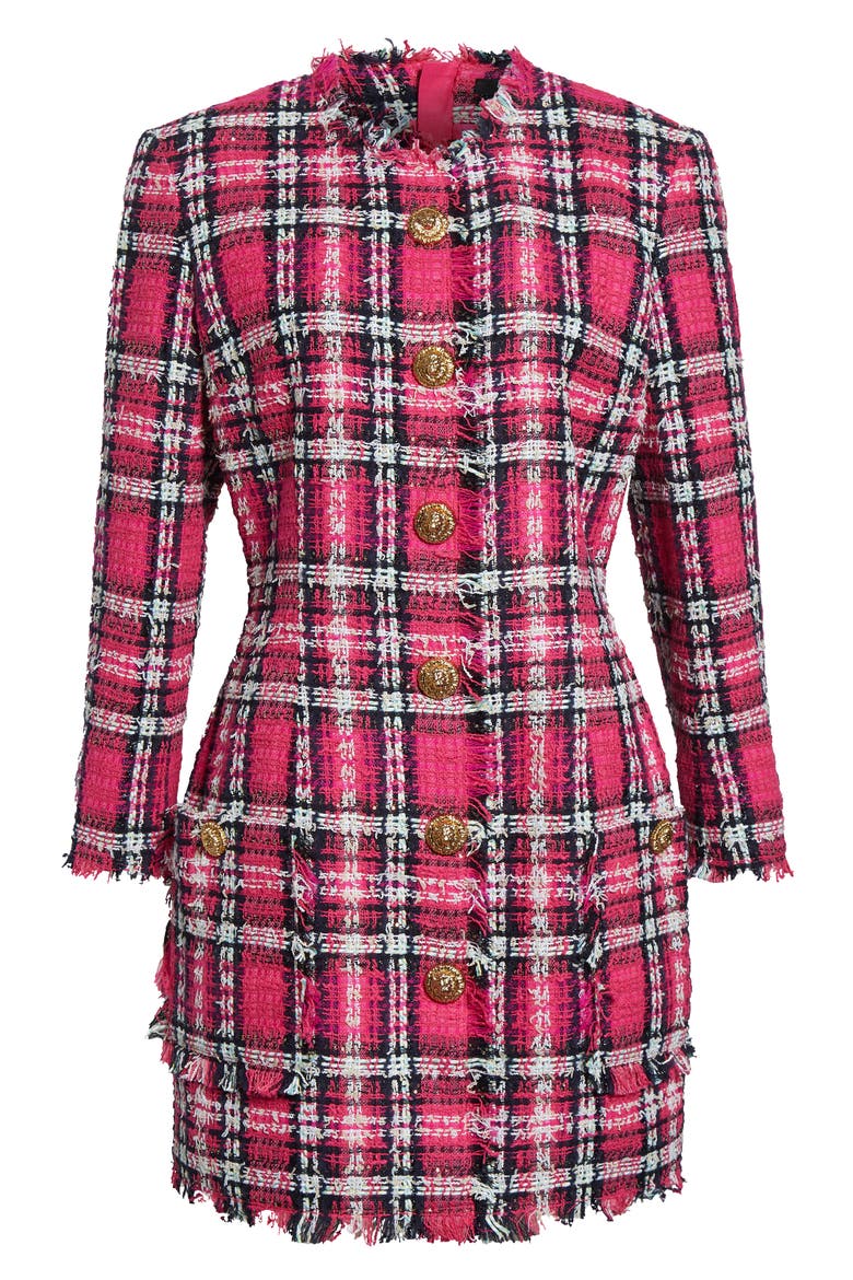 Long Sleeve Fringe Tweed Dress, Alternate, color, PINK MULTI