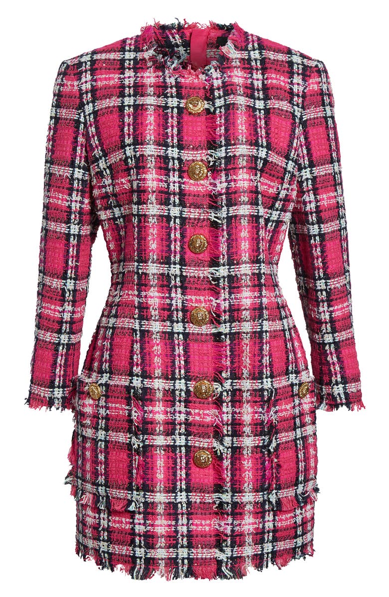 Balmain Long Sleeve Fringe Tweed Dress, Main, color, Pink Multi