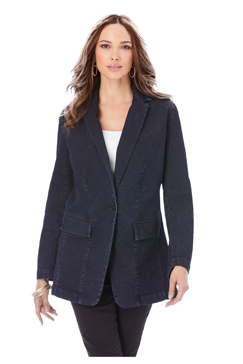 Plus Size Denim Boyfriend Blazer, Main, color, DARK WASH