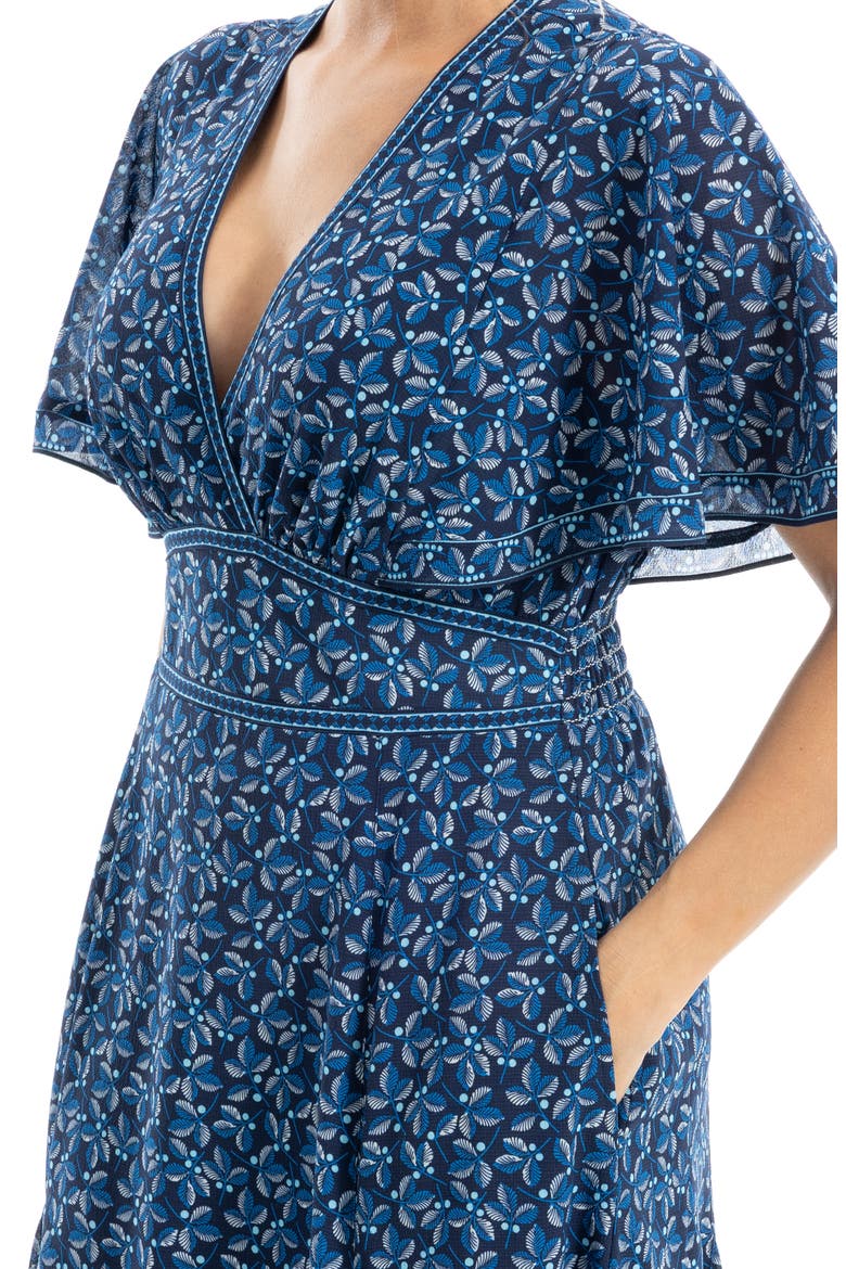 Flutter Sleeve Empire Waist Maxi Dress, Alternate, color, NAVY/ CREAM LEAF BERRIES