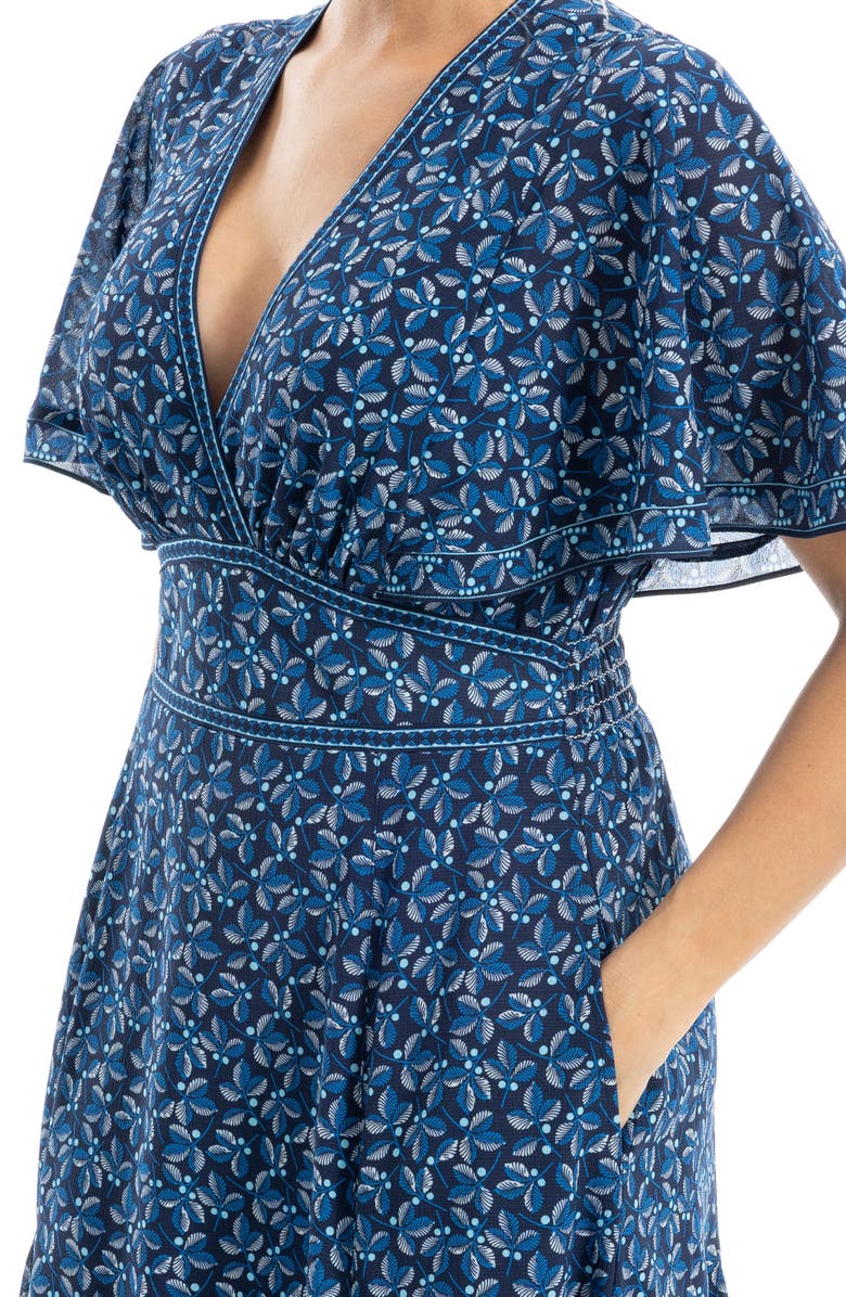 MAX STUDIO Flutter Sleeve Empire Waist Maxi Dress, Alternate, color, Navy/ Cream Leaf Berries