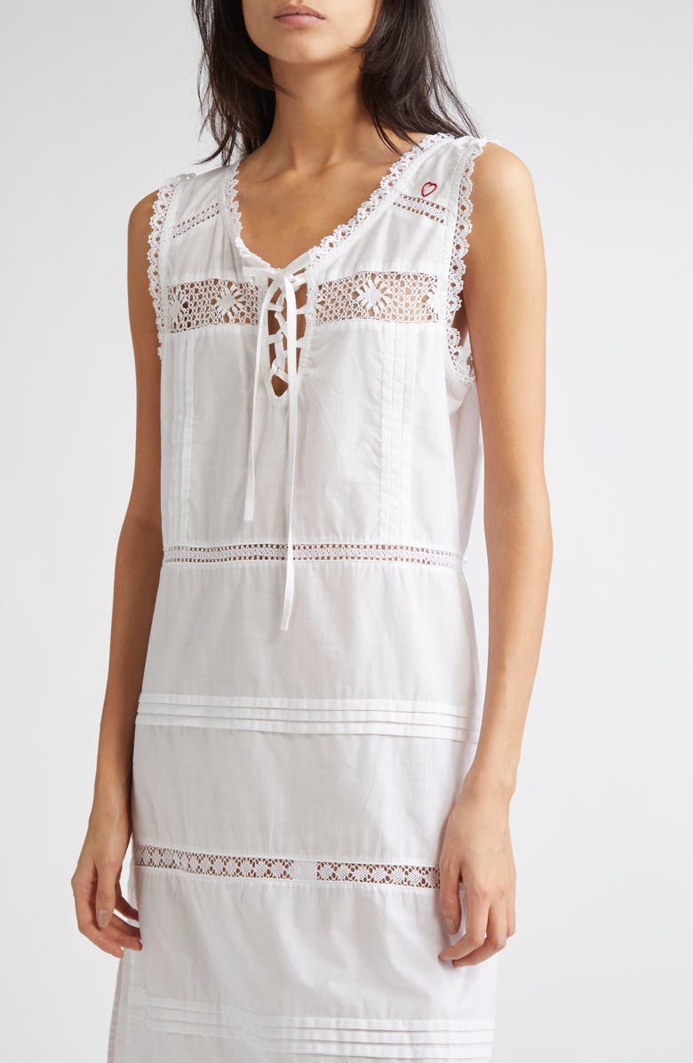 KÚR Lace Trim Pleated Cotton Shift Dress, Alternate, color, White