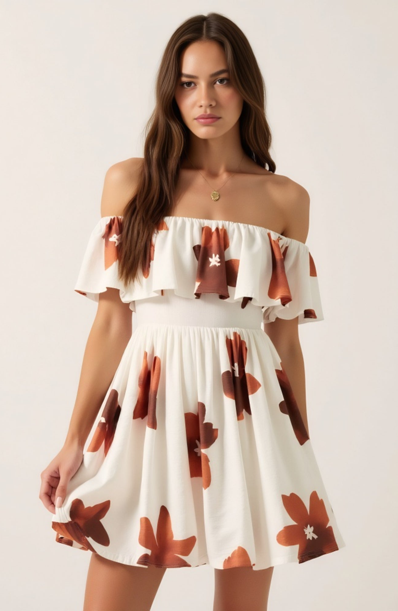Modenaire Off-the-Shoulder Floral Ruffled Flared Mini Dress, Main, color, White / Brown Floral