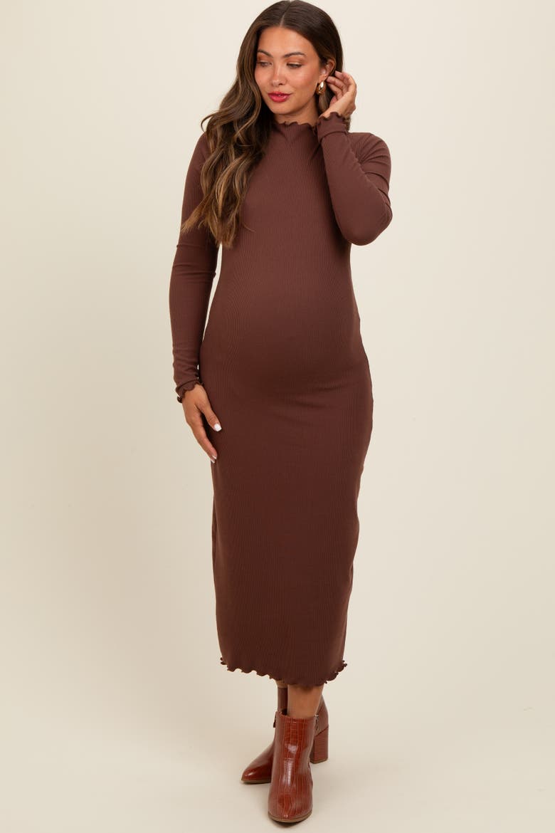 Ruffle Mock Neck Long Sleeve Midi Dress, Alternate, color, Brown