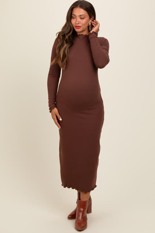 Pinkblush Ruffle Mock Neck Long Sleeve Midi Dress In Brown