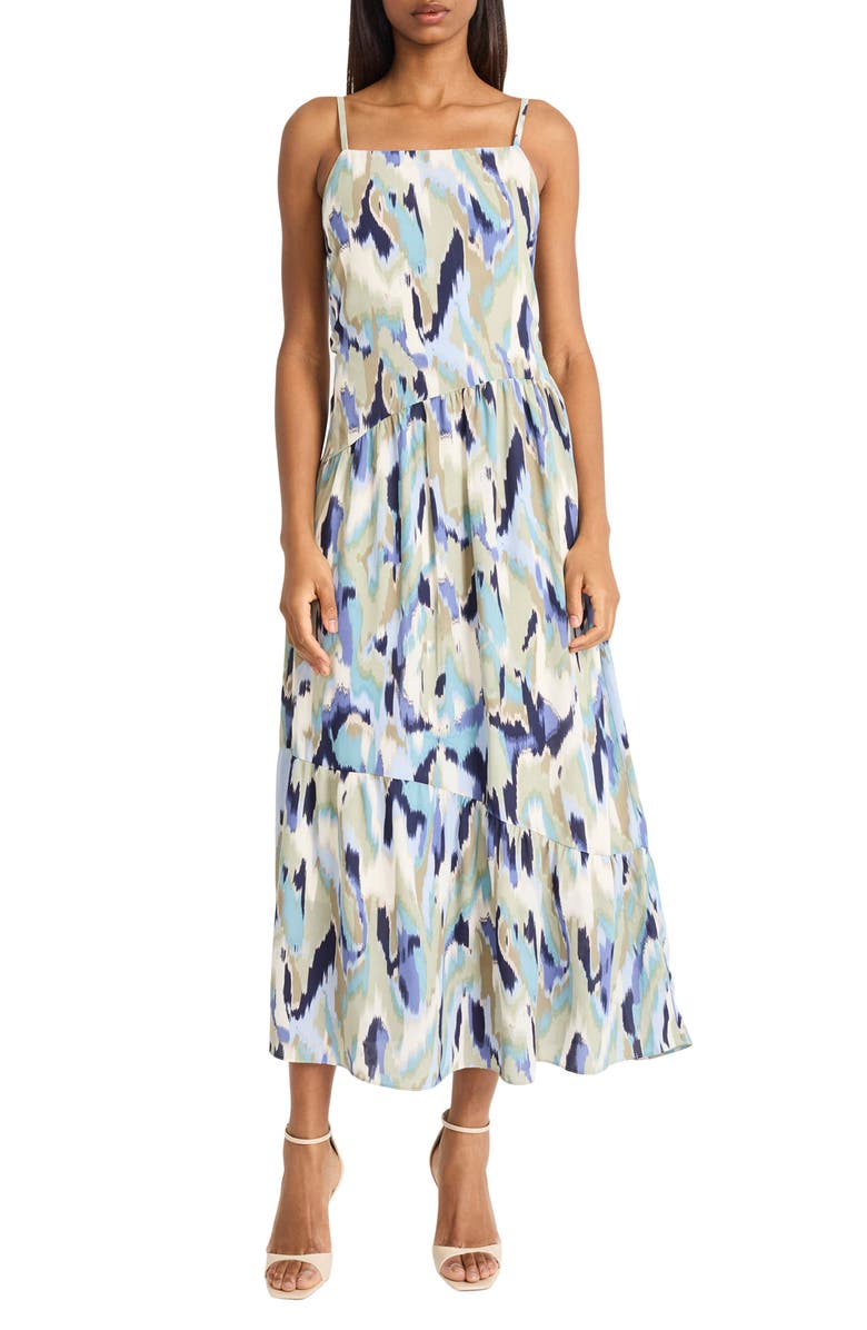 DONNA MORGAN FOR MAGGY Square Neck Tiered Maxi Dress, Main, color, Dusty Aqua/ Sage