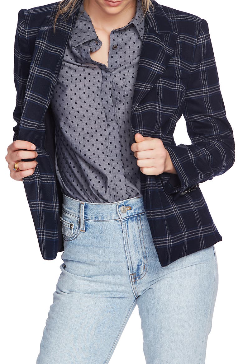 Plaid One Button Blazer, Alternate, color, BLUE NIGHT