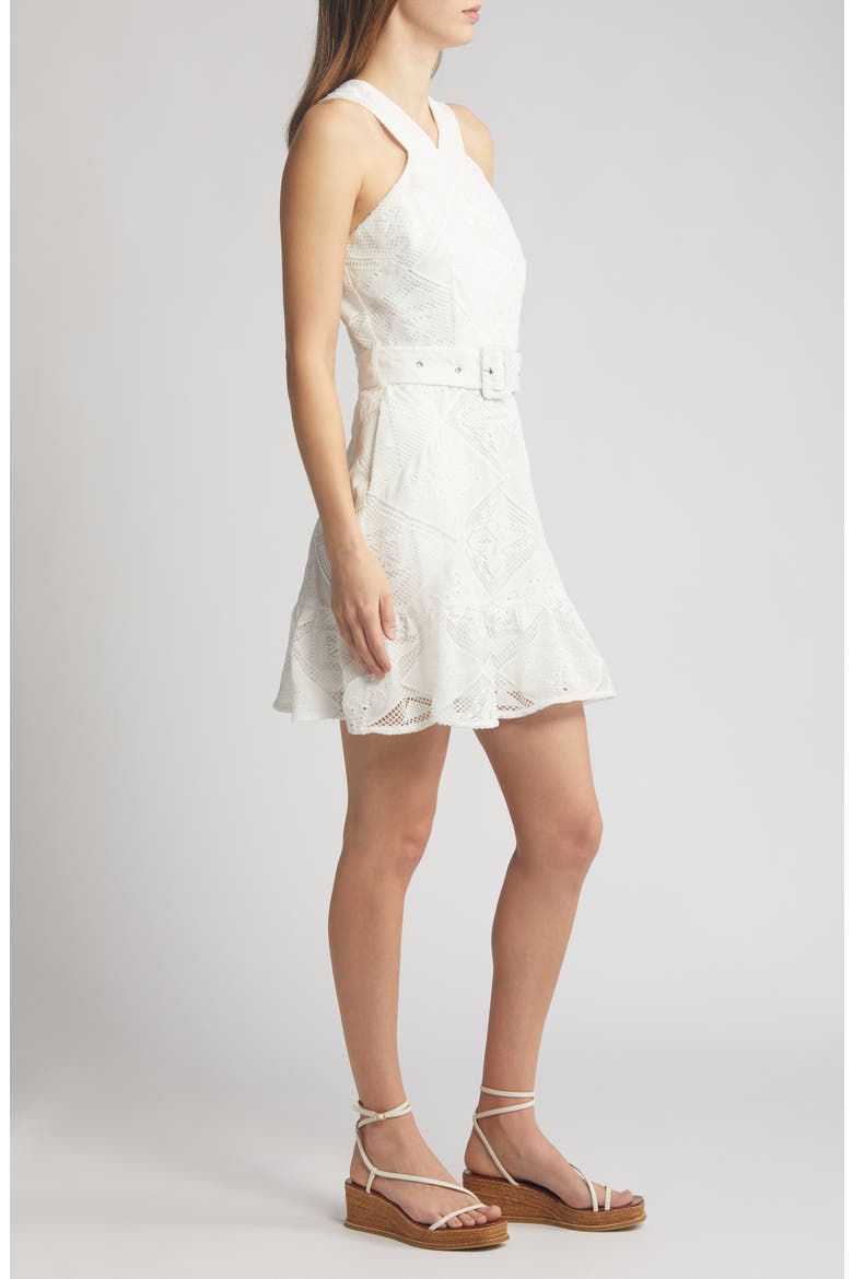 Braylee Lace Eyelet Belted Sleeveless Minidress, Alternate, color, WHITE