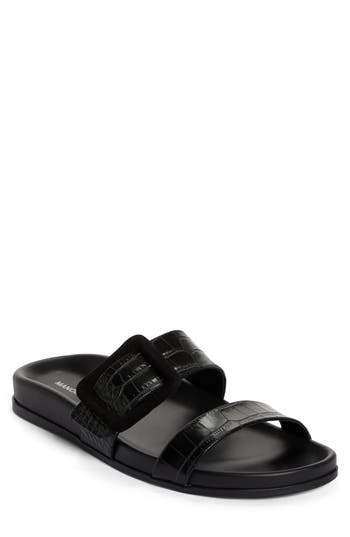 Manolo Blahnik Mayfu Croc Embossed Slide Sandal In Black