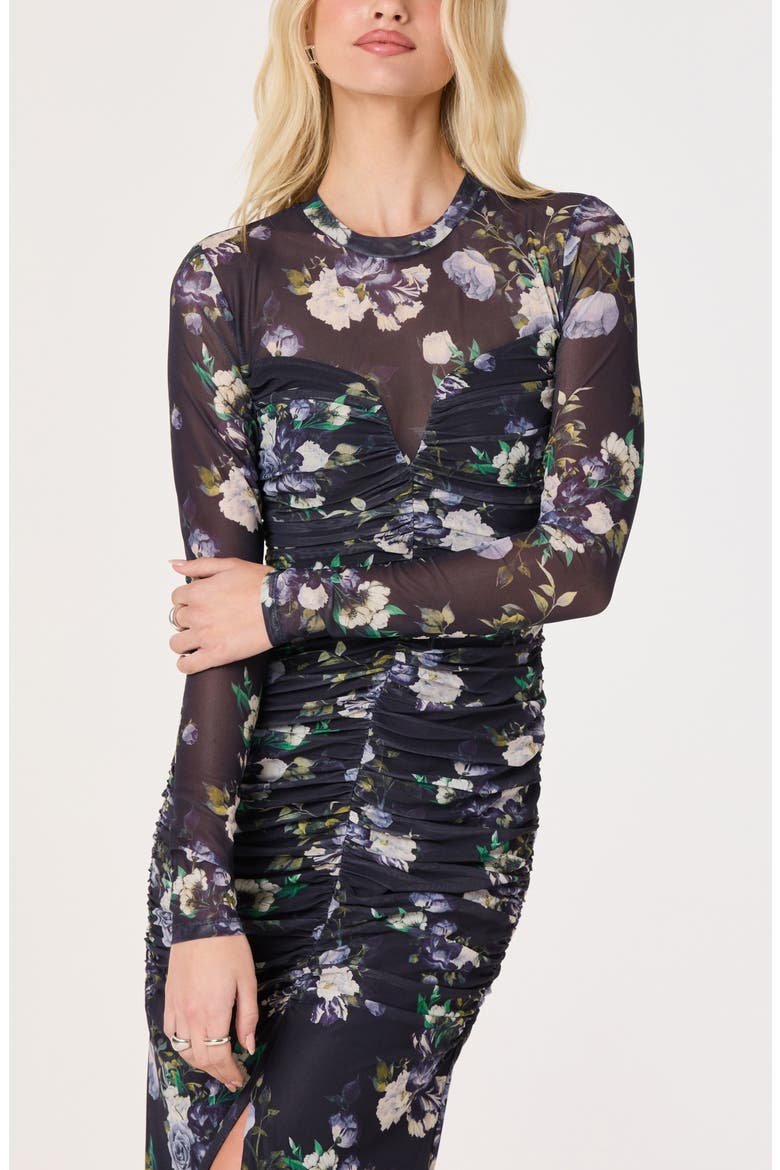 Floral Ruched Long Sleeve Mesh Dress, Alternate, color, BLUE MULTI FLORAL