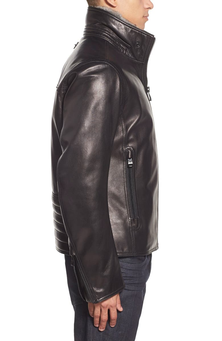 Andrew Marc Marc New York by Andrew Marc 'Flycroft' Leather Moto Jacket with Genuine Rabbit Fur Lining, Alternate, color, 