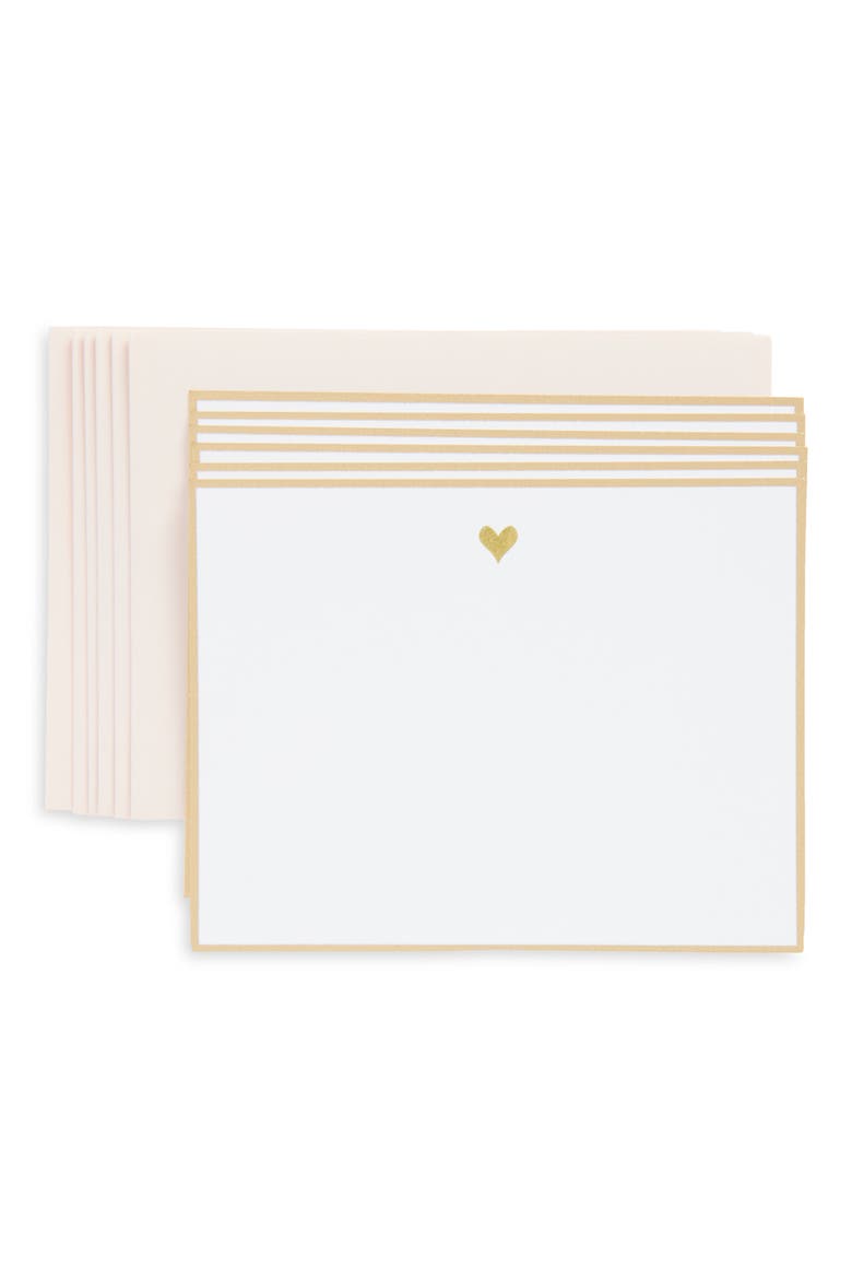 Gold Heart Set of 6 Note Cards & Envelopes, Main, color, WHITE