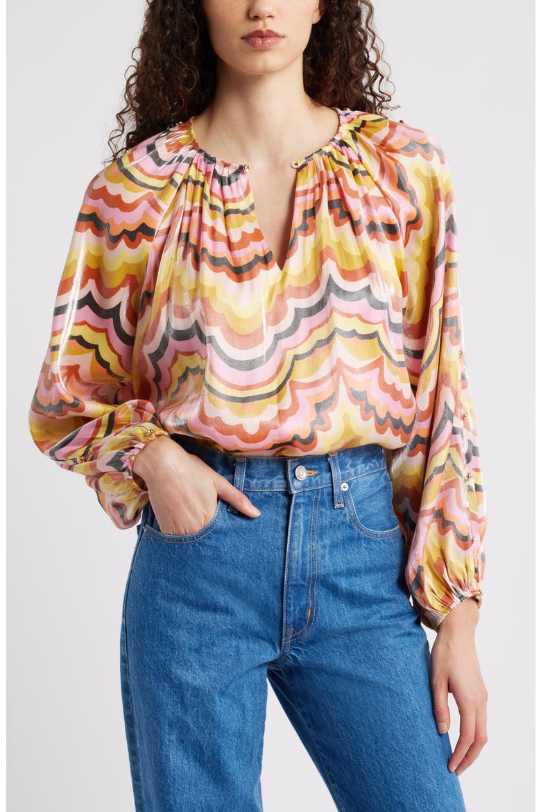 Oriana Wave Print Satin Blouse, Main, color, PINK MULTI