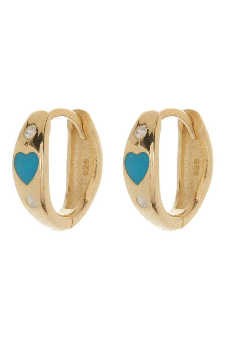 Sterling Silver Heart Crystal Huggie Hoop Earrings, Main, color, GOLD