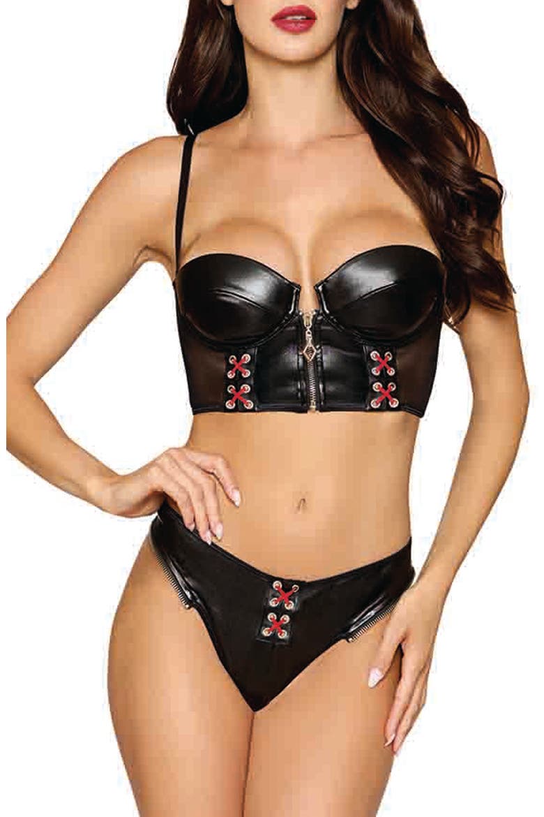 Faux Leather & Mesh Bustier, Garter Belt & Thong Set, Main, color, BLACK