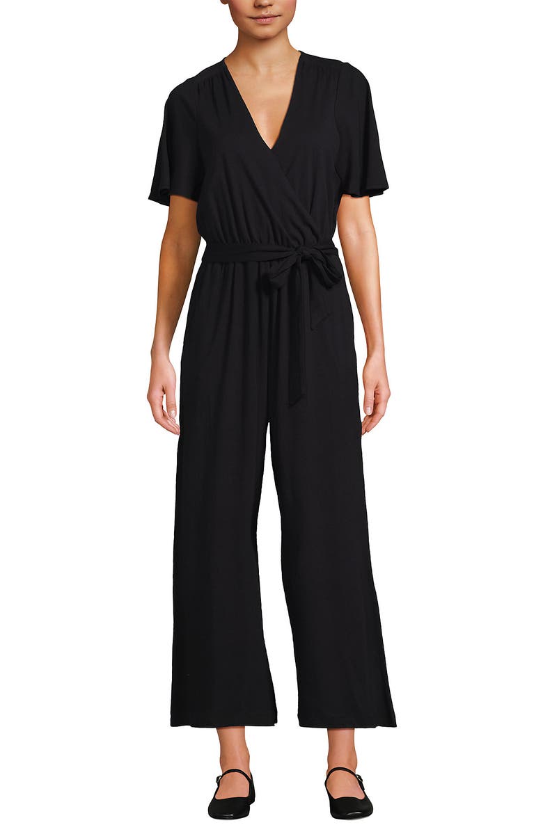 Lands' End Cotton Modal Tie Waist V Neck Jumpsuit, Alternate, color, Black
