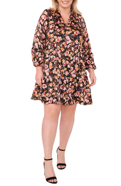 Floral Print Long Sleeve Babydoll Dress (Plus)