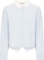 ICHI Stripe Split Hem Crop Cotton Button-Up Shirt