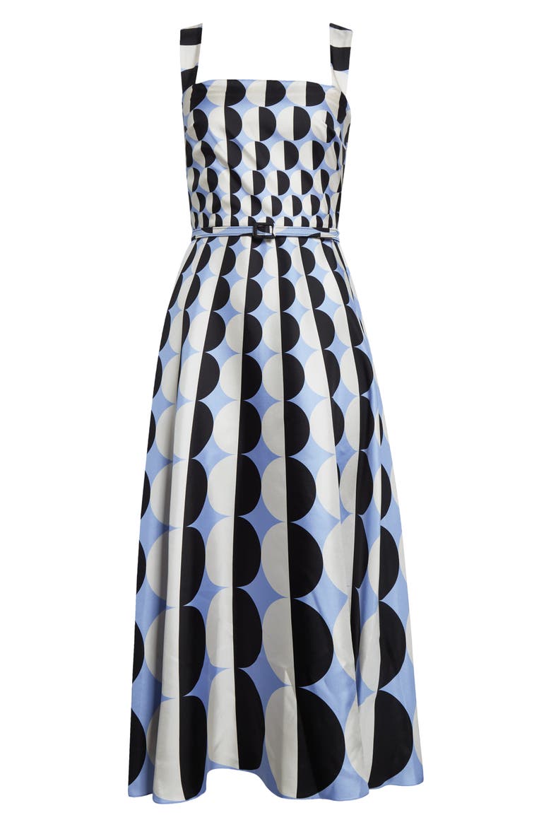 Geo Print Silk Twill Belted Midi Dress, Alternate, color, BLACK/ BLUE