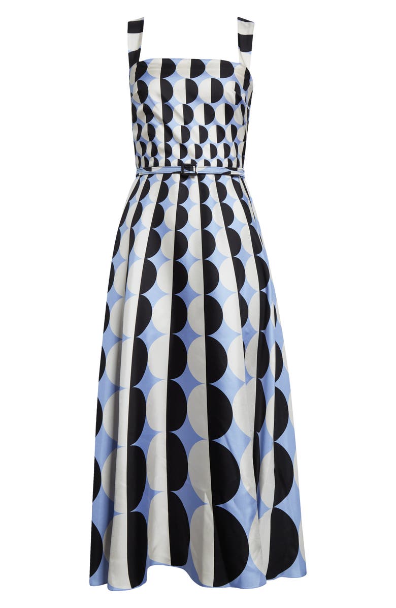 Oscar de la Renta Geo Print Silk Twill Belted Midi Dress, Alternate, color, Black/ Blue