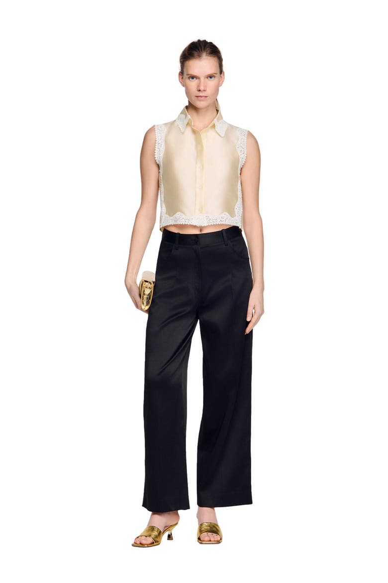 Satin-effect wide-leg trousers, Alternate, color, Black