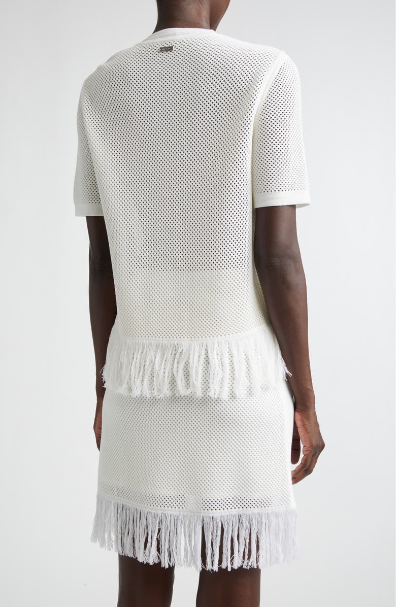 FERRAGAMO Open Knit Fringe Short Sleeve Virgin Wool Sweater, Alternate, color, White