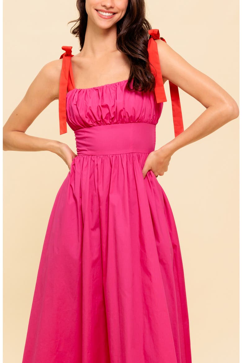 Bow Strap Gathered Midi Dress, Alternate, color, FUCHSIA