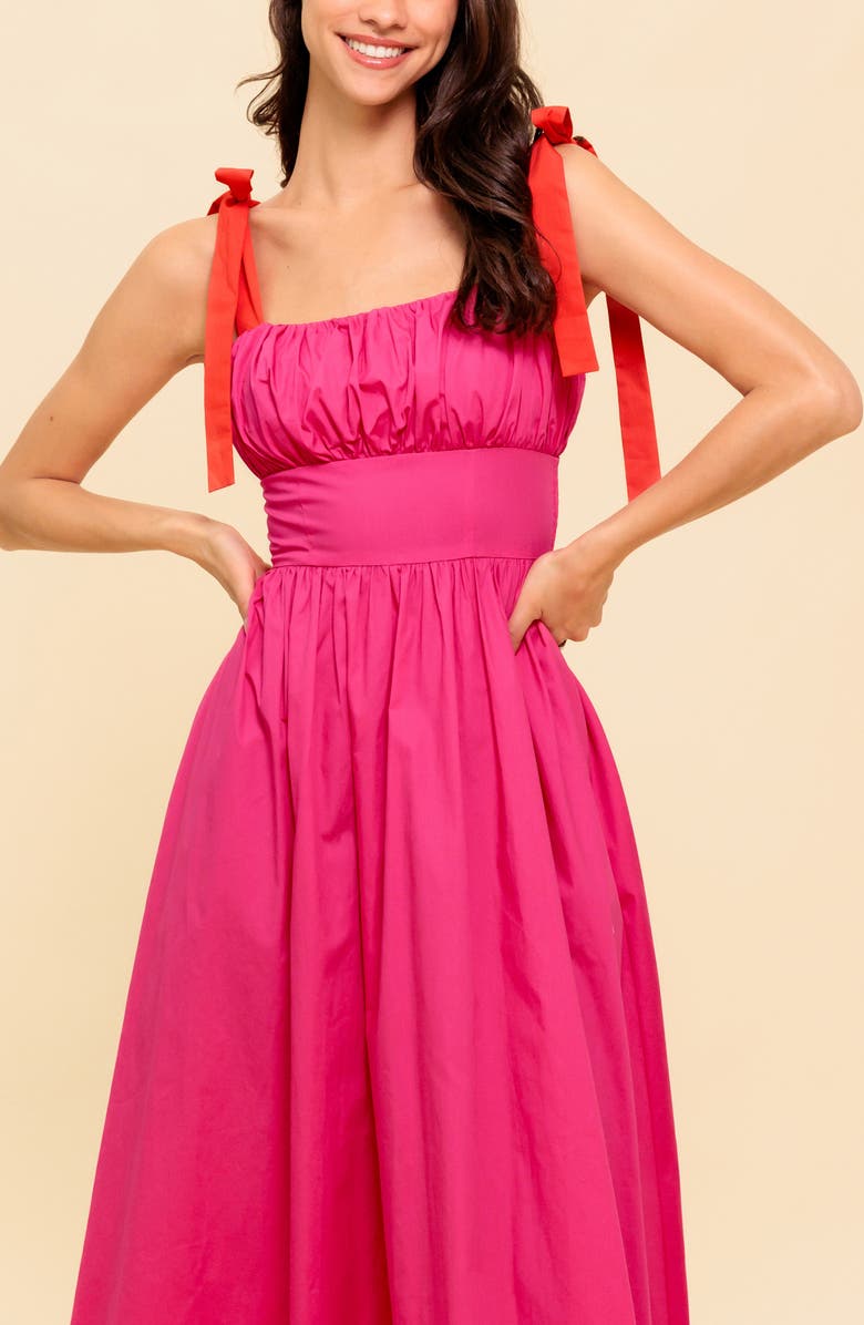 FLYING TOMATO Bow Strap Gathered Midi Dress, Alternate, color, Fuchsia